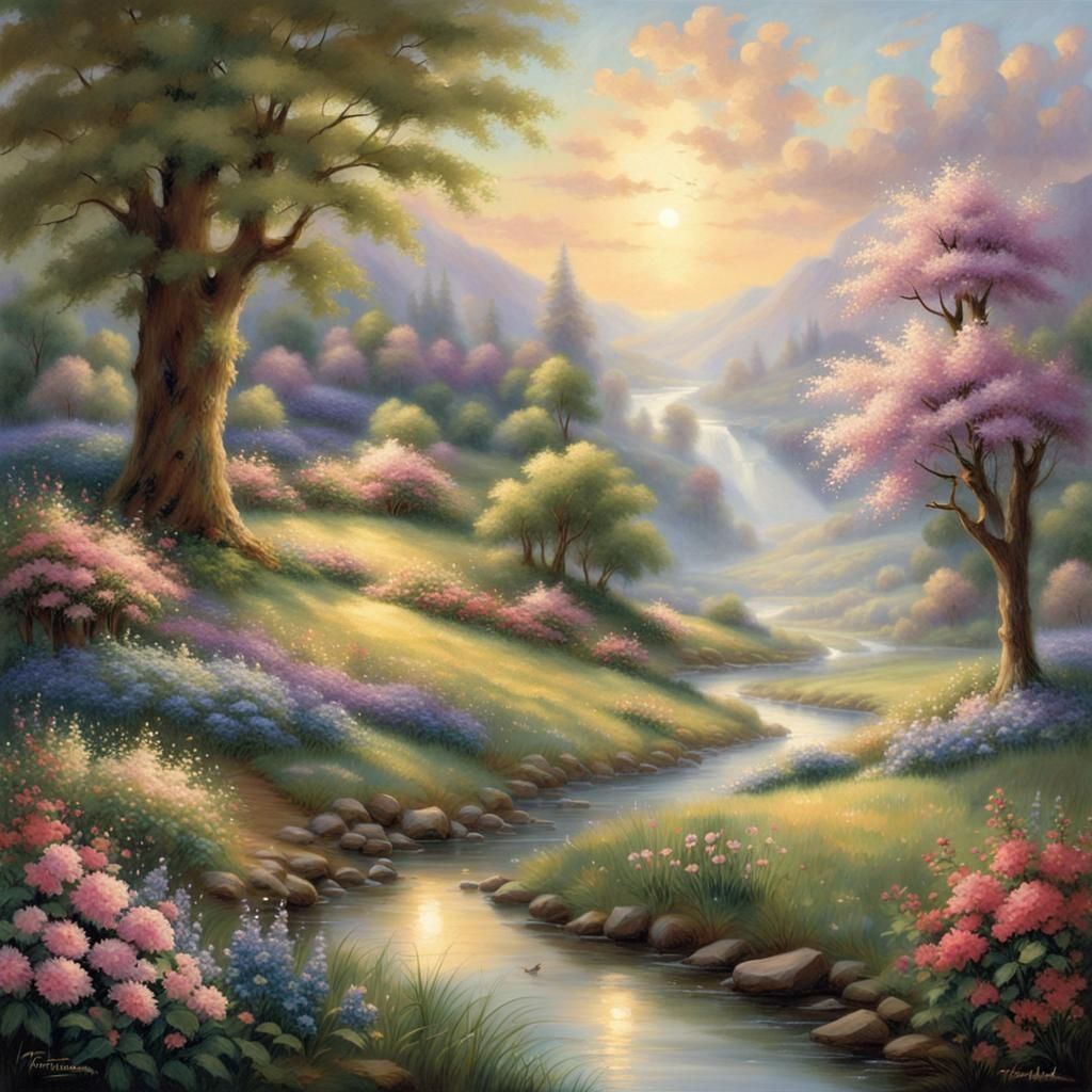 Tranquil Meadow with Glowing Blossoms in Ethereal Light