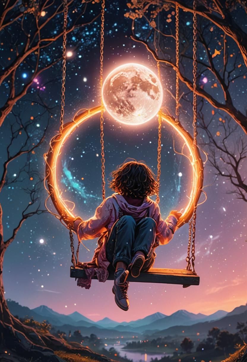 Celestial Swing: Dreamlike Fantasy in Neon Colors