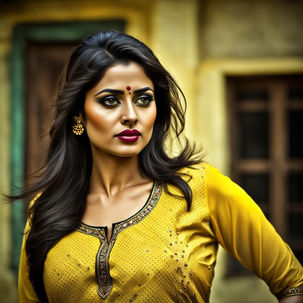Hyperrealistic Image of Woman in Yellow Kurti