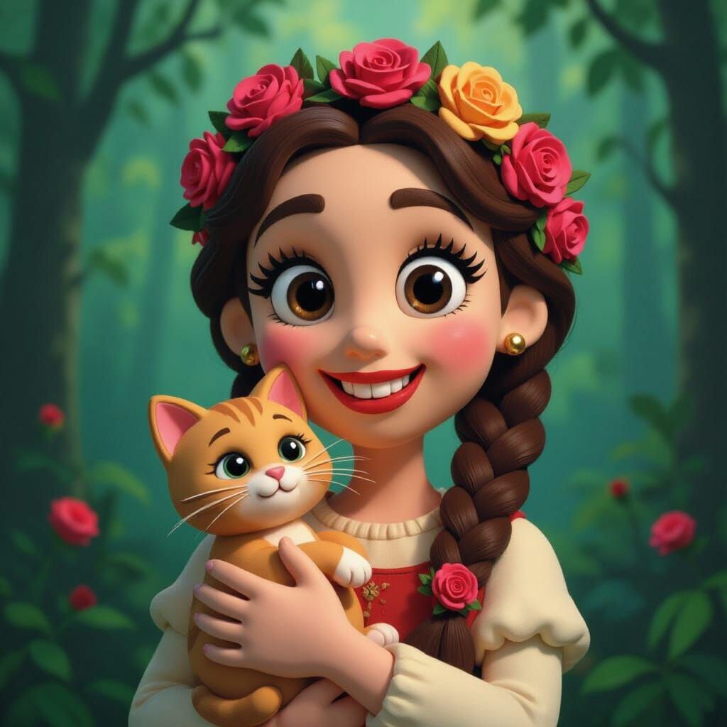 Claymation Girl With Roses and Kitten, Cyberpunk Forest Styl...