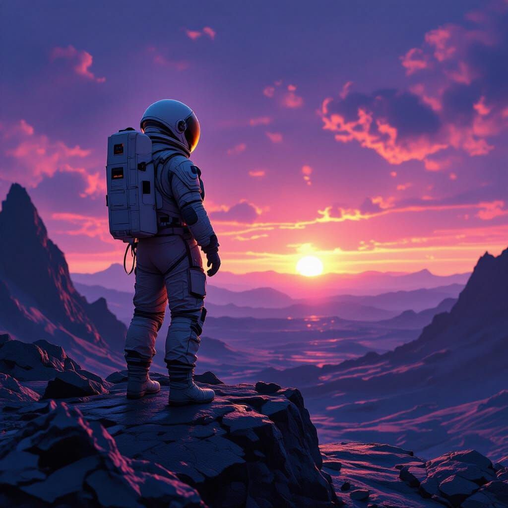 Astronaut Gazes at Binary Sunset on Alien World