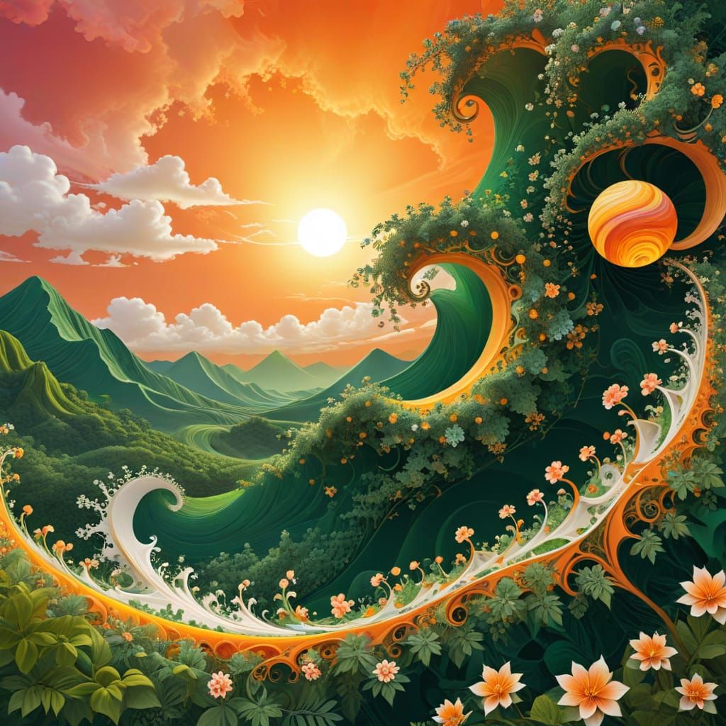 Psychedelic Jungle Sunrise Over Mountains