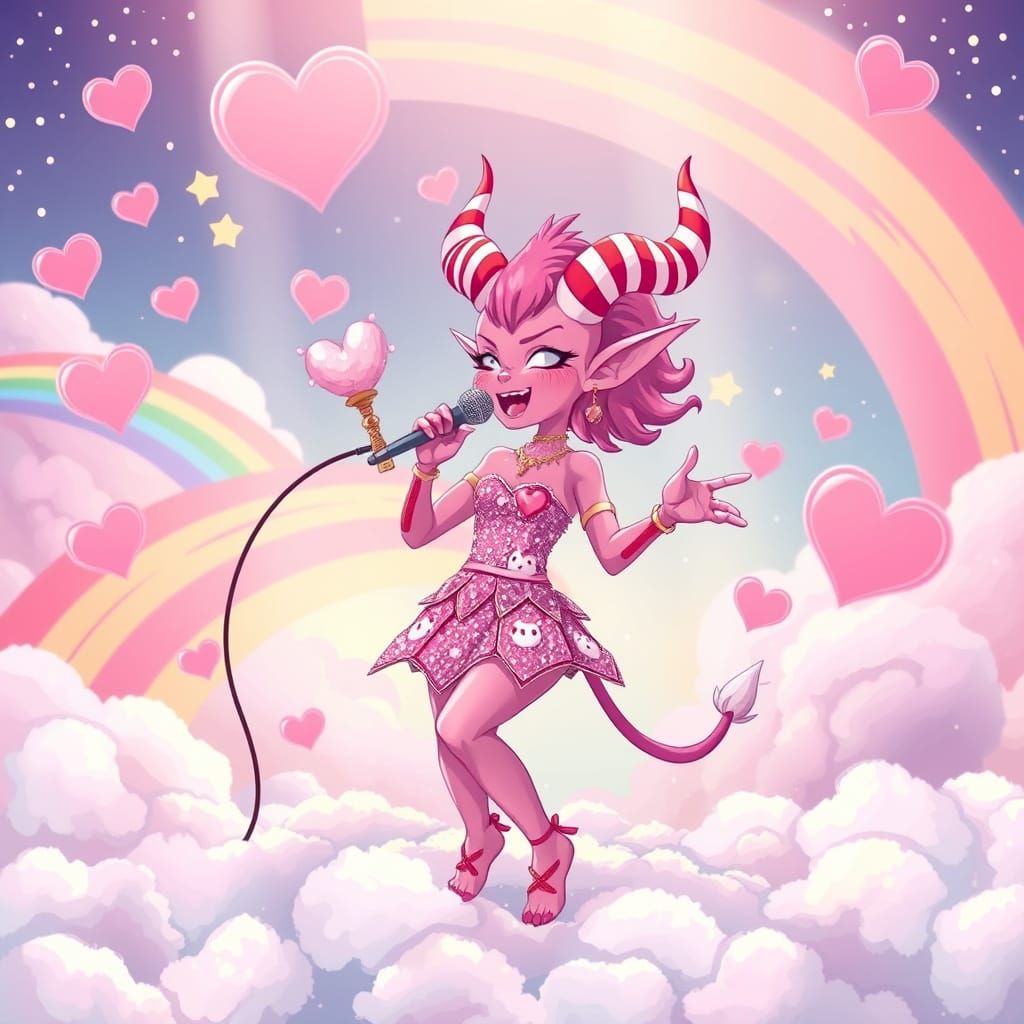 Tiefling Pop Star in Kawaii Dreamscape, Anime Style