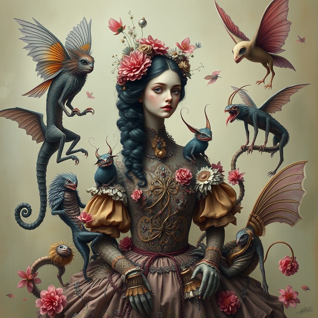 Surreal Woman with Creatures in Pop Surrealism Style