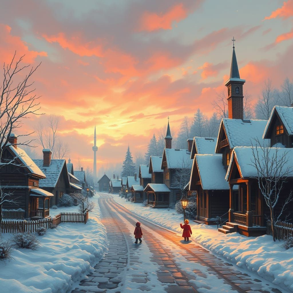 Whimsical Winter Village in Dusk Light with Soft Purple and...