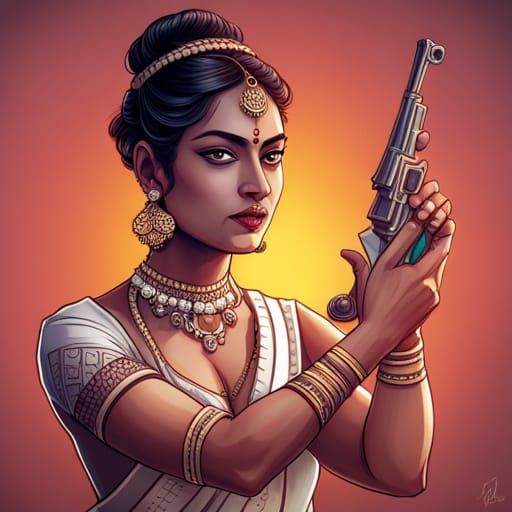 Bharatanatyam Dancer with Revolver: Hyperdetailed Portrait
