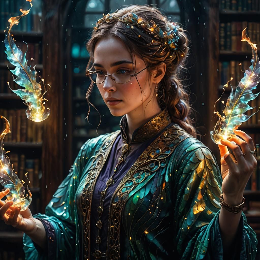 Glowing Iridescent Librarian on River at Sunset