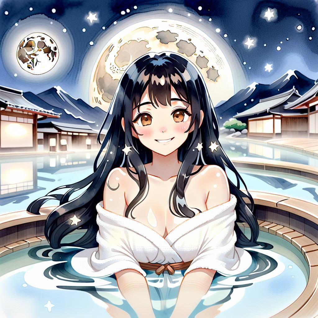 Thai Woman Relaxing in Onsen: Kawaii Anime Portrait