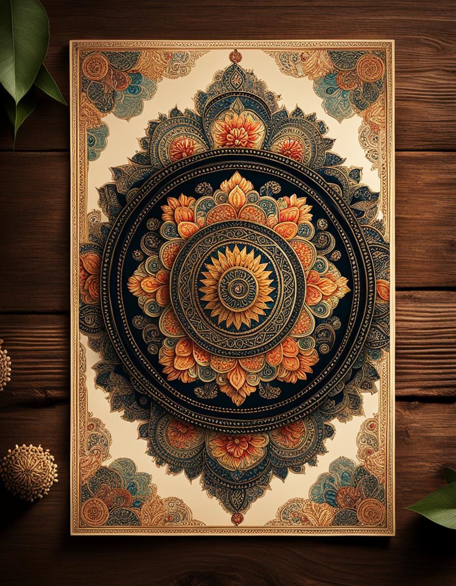 Hindu Batik Postcard on Antique Wooden Table