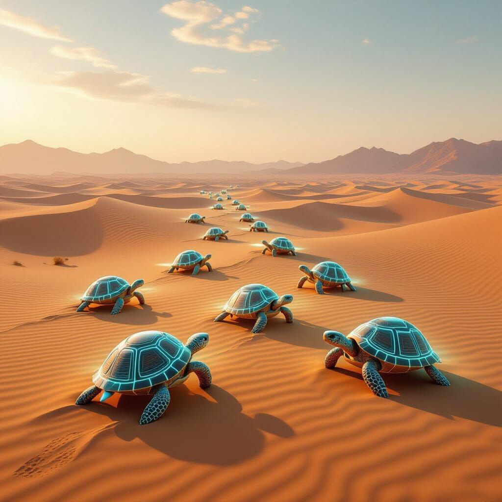 Glowing Tortoises Migrate Across Futuristic Desert Landscape