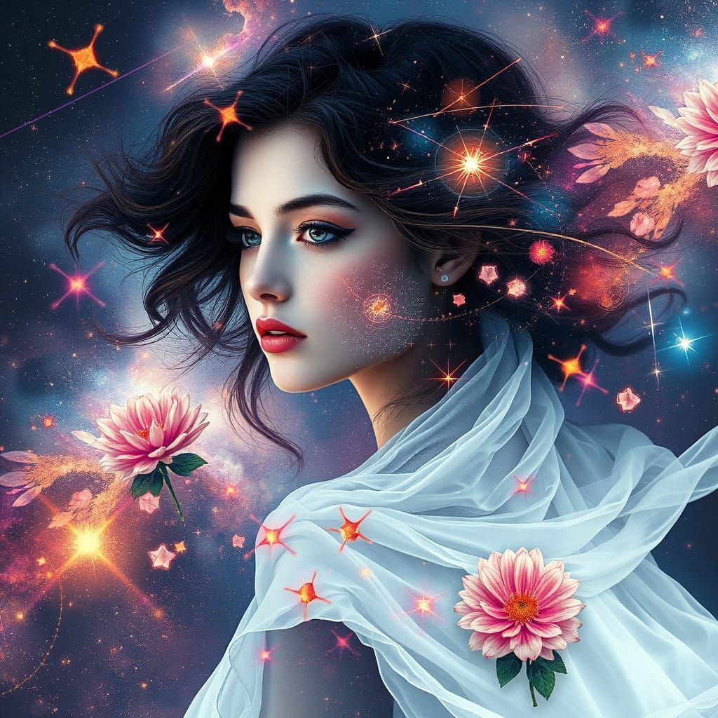 Ethereal Woman Blending with Galaxy in Art Nouveau Style