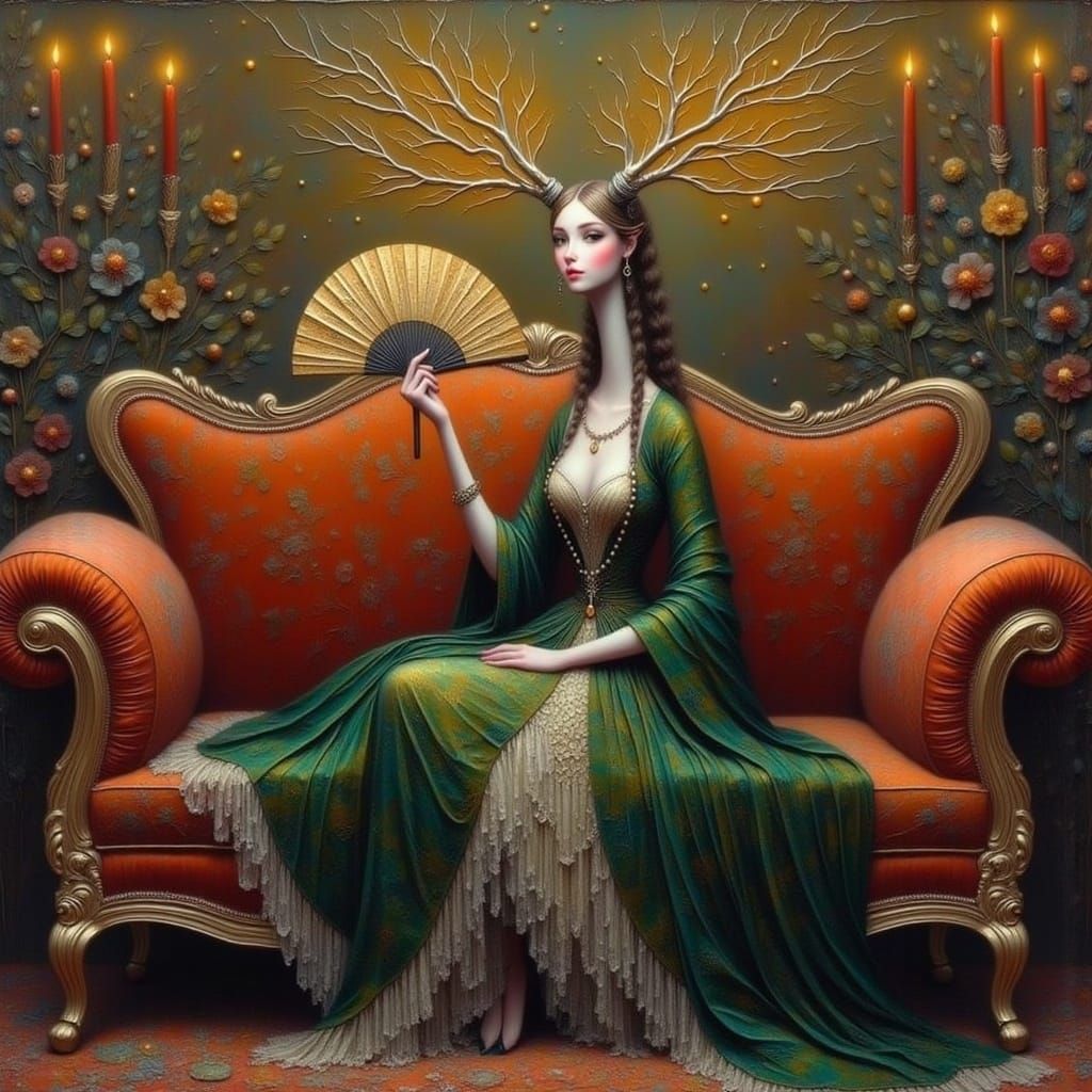 Reindeer on Velvet Couch with Fairy Lights