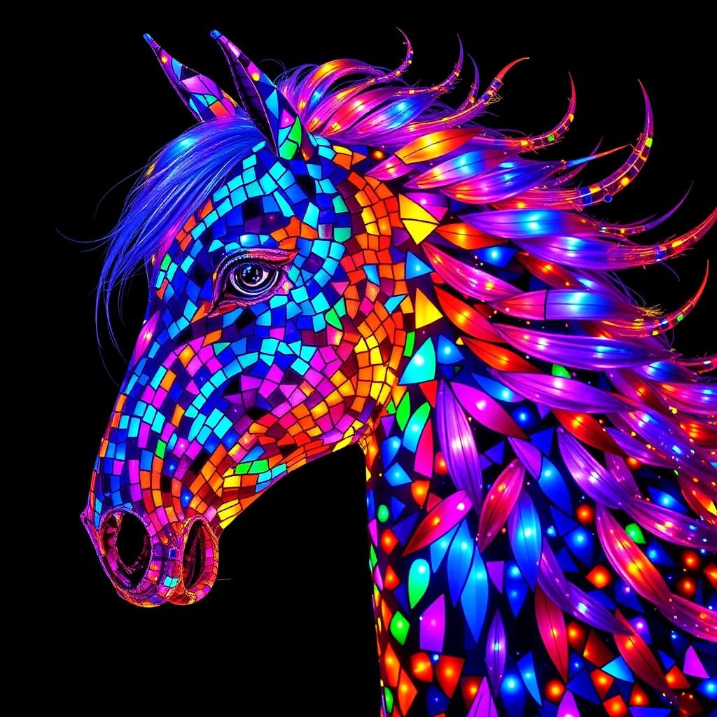 Surreal Mosaic Horse with Feathers