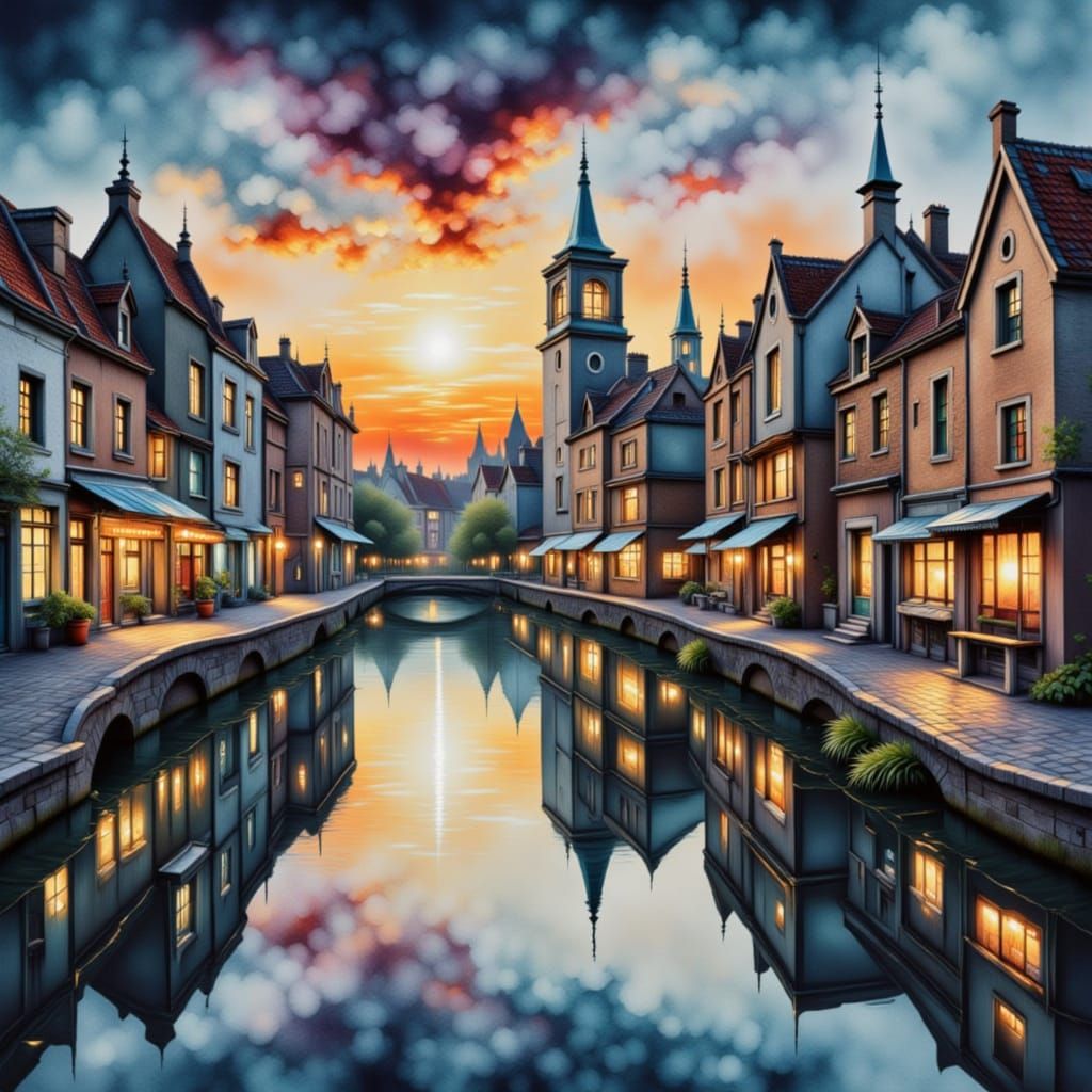 Bruges Cityscape with Romantic Lake and Blooming Nature