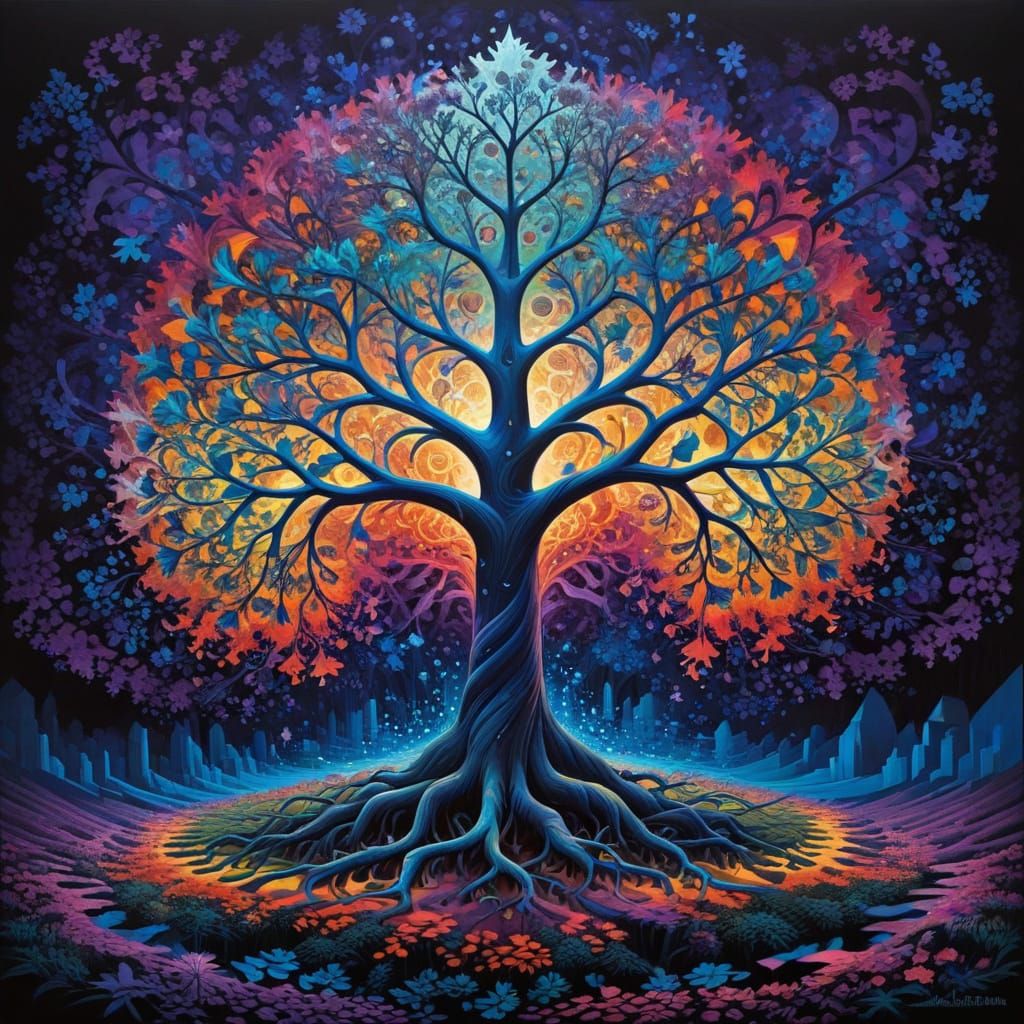 Symmetrical Fractal Tree in Iridescent Op Art Style