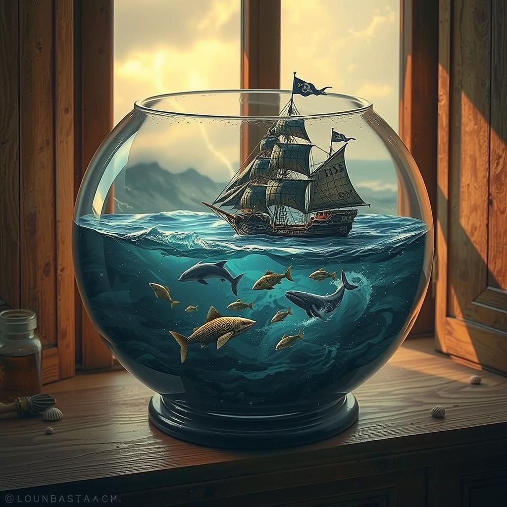 Miniature Pirate Ship Sailing Stormy Glass Ocean