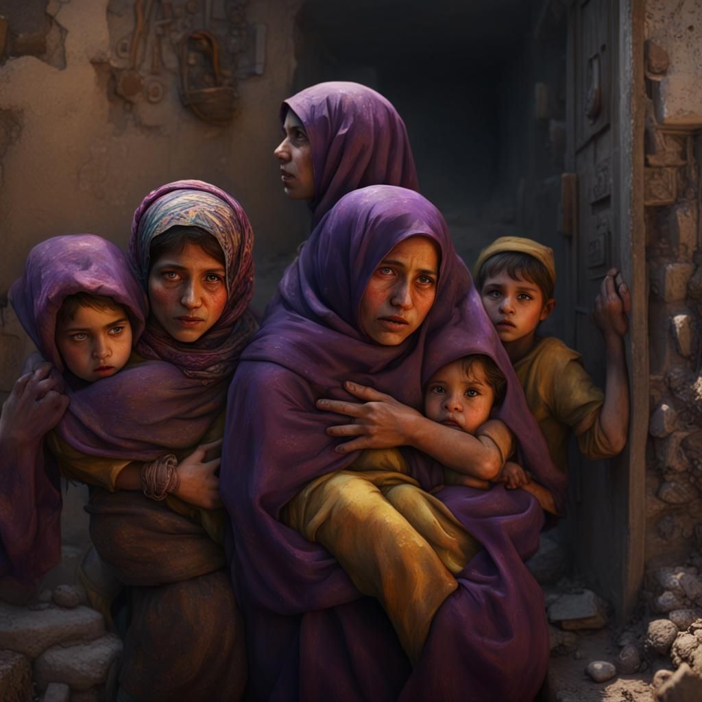 Horrified Mothers and Children in Gaza: Dark Fantasy Art