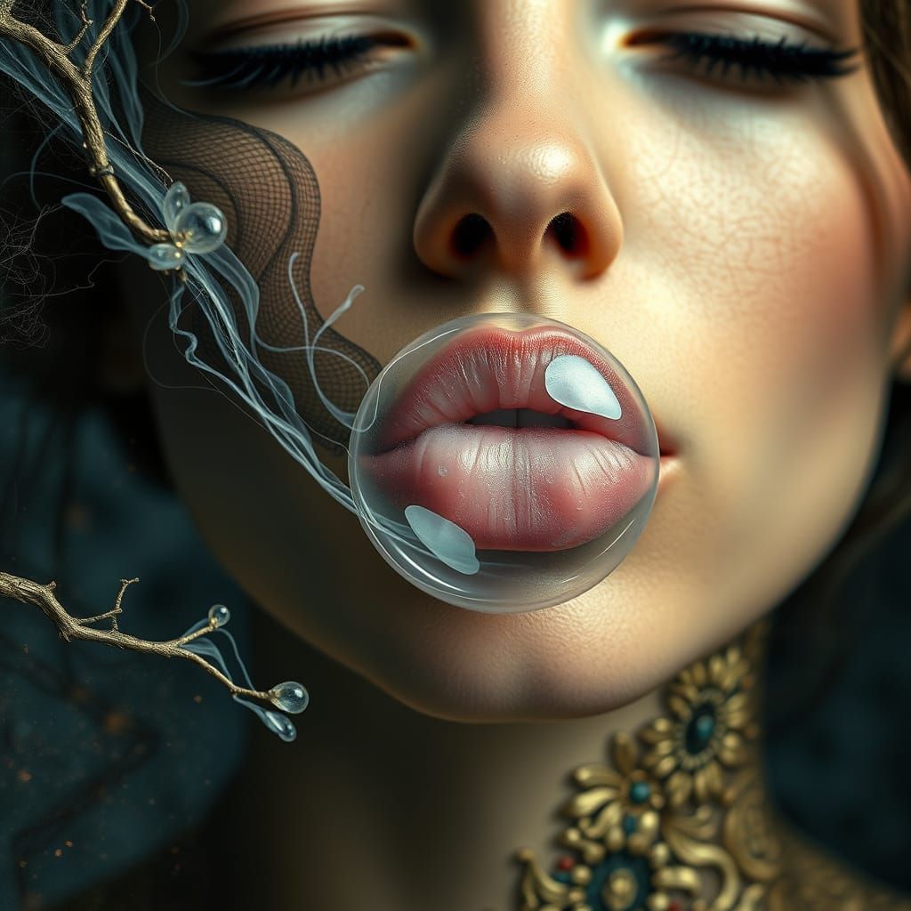 Surreal Close-up Portrait of a Model Blowing Gum Bubbles