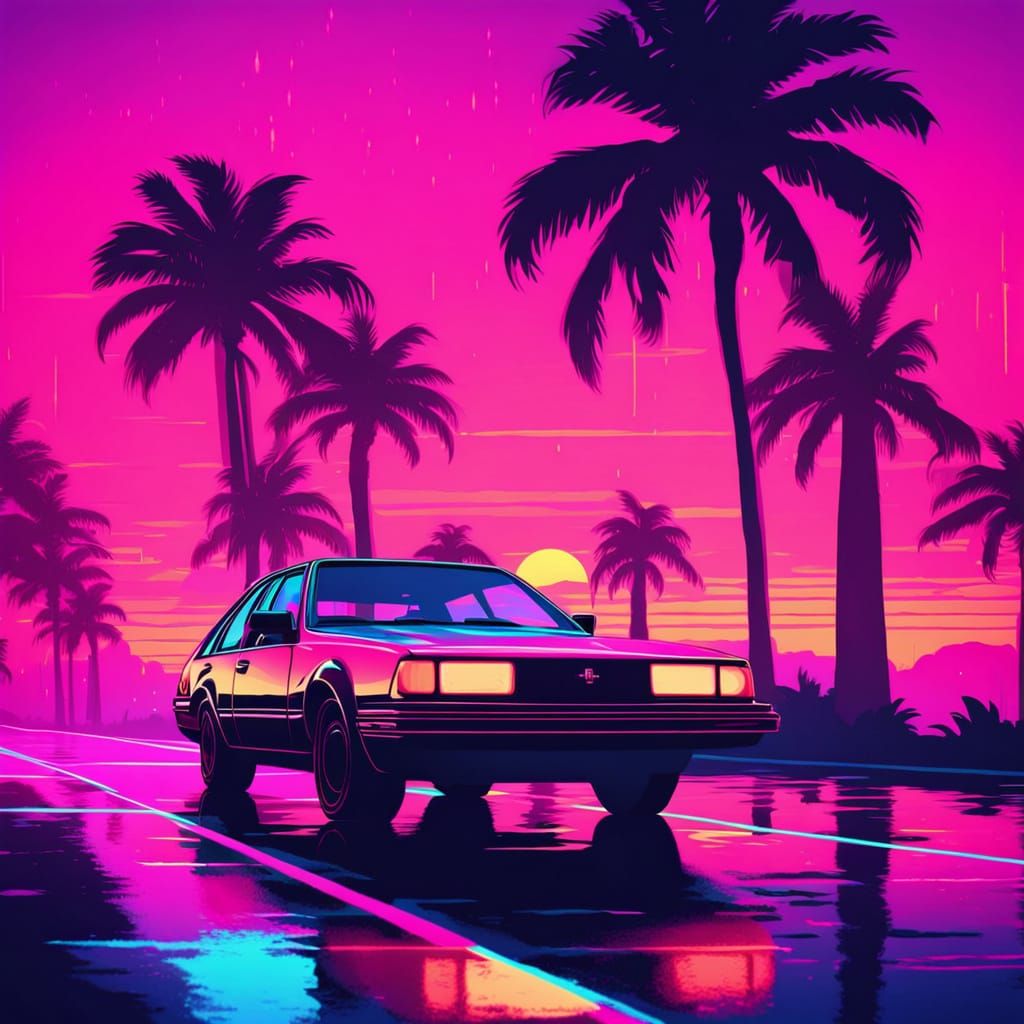 Synthwave Car on Neon Road in Retro Style