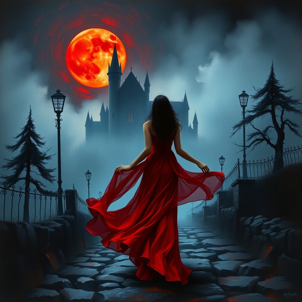 Impressionistic Woman Walks Away from Gothic Castle in Moonl...