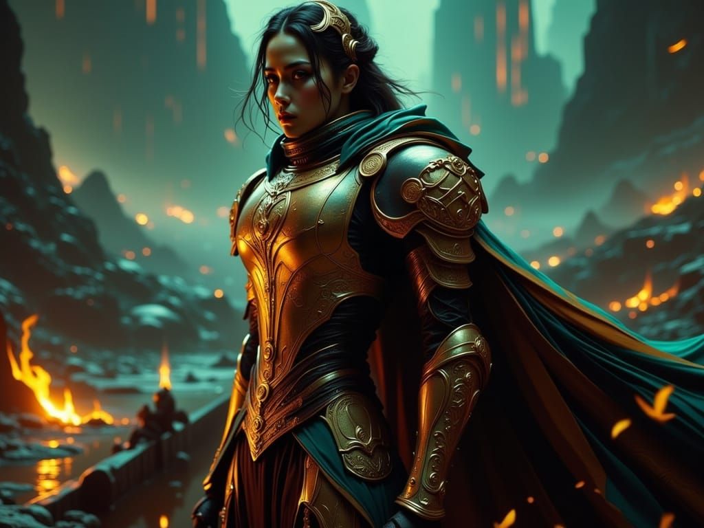 Fantasy Sci-Fi Royal Guard in Amber and Teal Armor