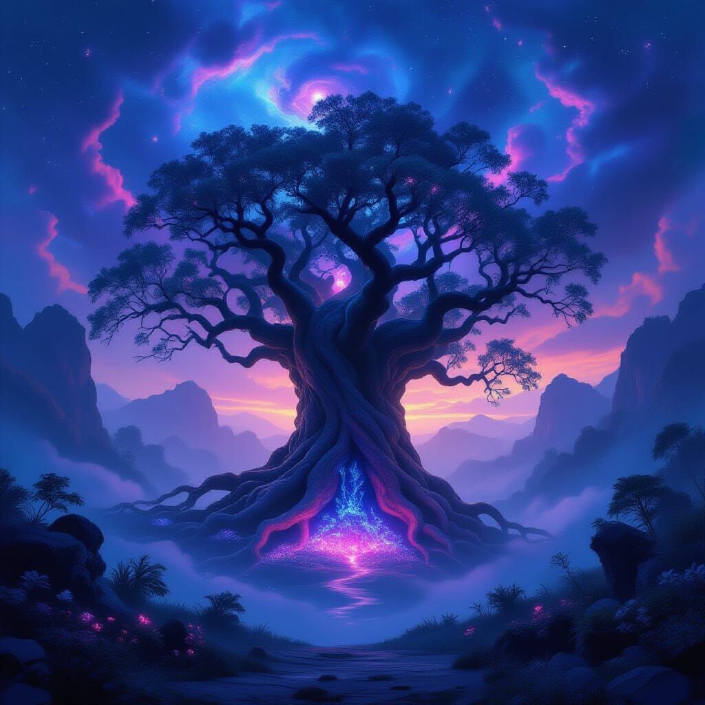 Ancient Tree With Archway Roots in Misty Valley