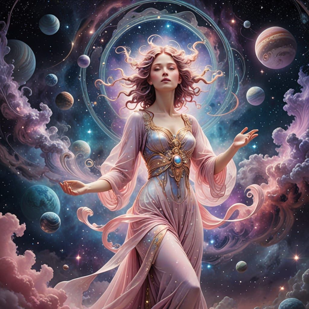 Celestial Goddess Emerges from Cosmic Nebula in Art Nouveau ...