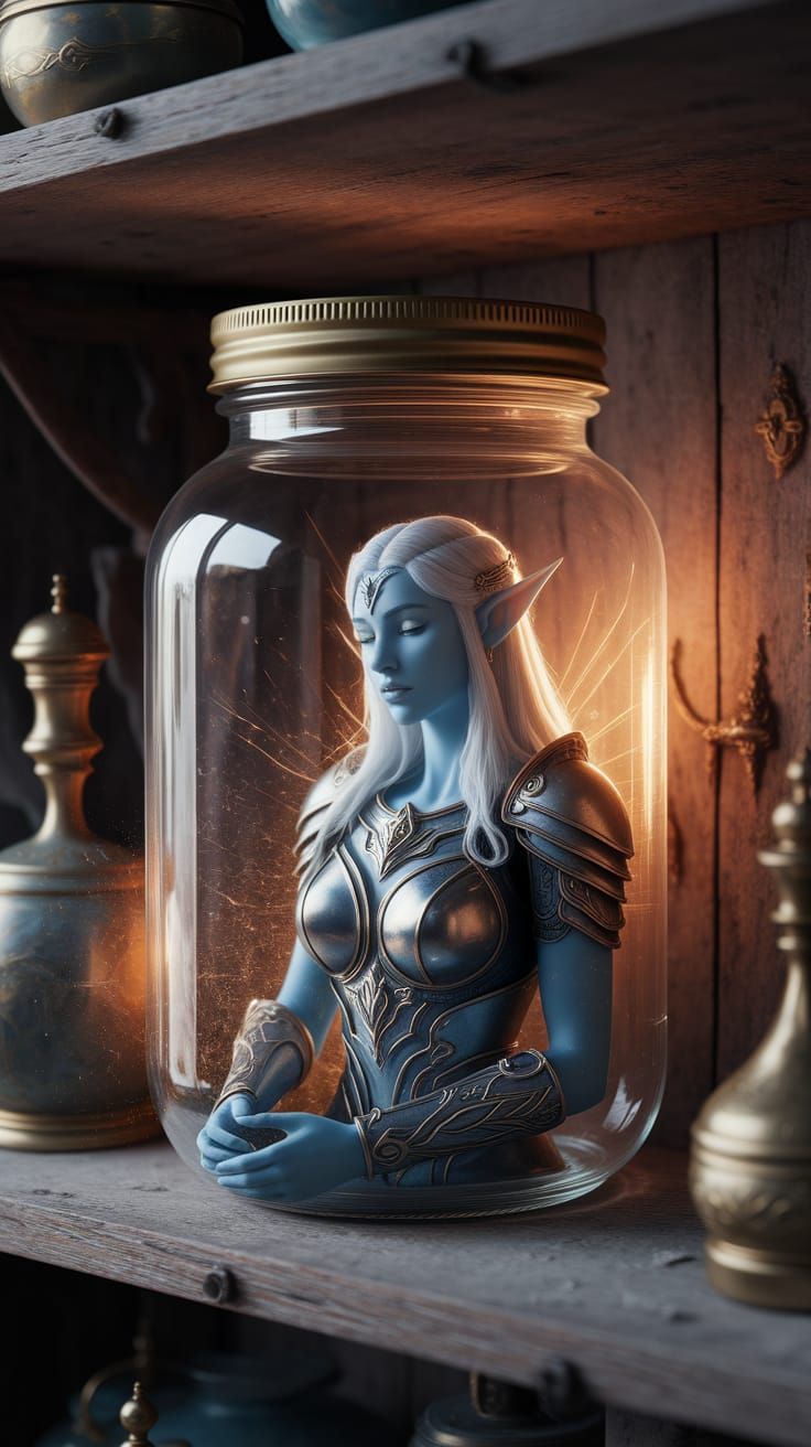 Ethereal Aasimar Paladin Trapped in Vintage Mason Jar