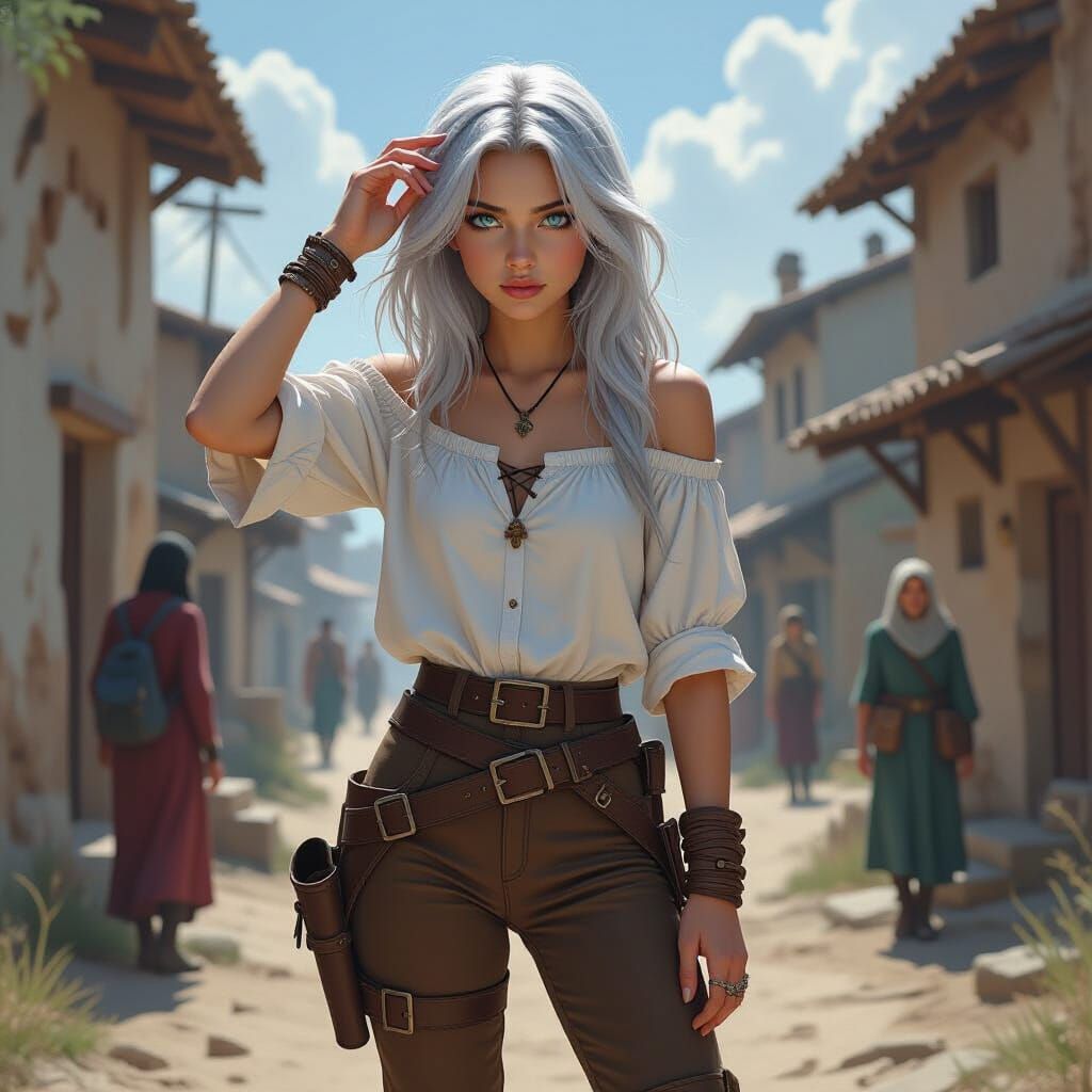 Gritty Realism Concept Art of a Rebel Girl in a Village