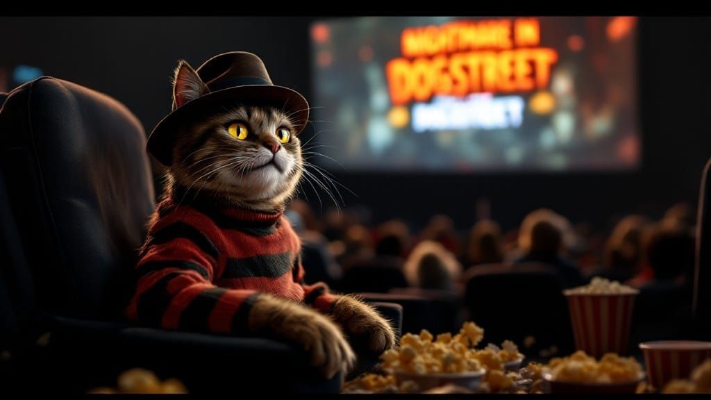 Tabby Cat as Freddy Krueger in Movie Theater
