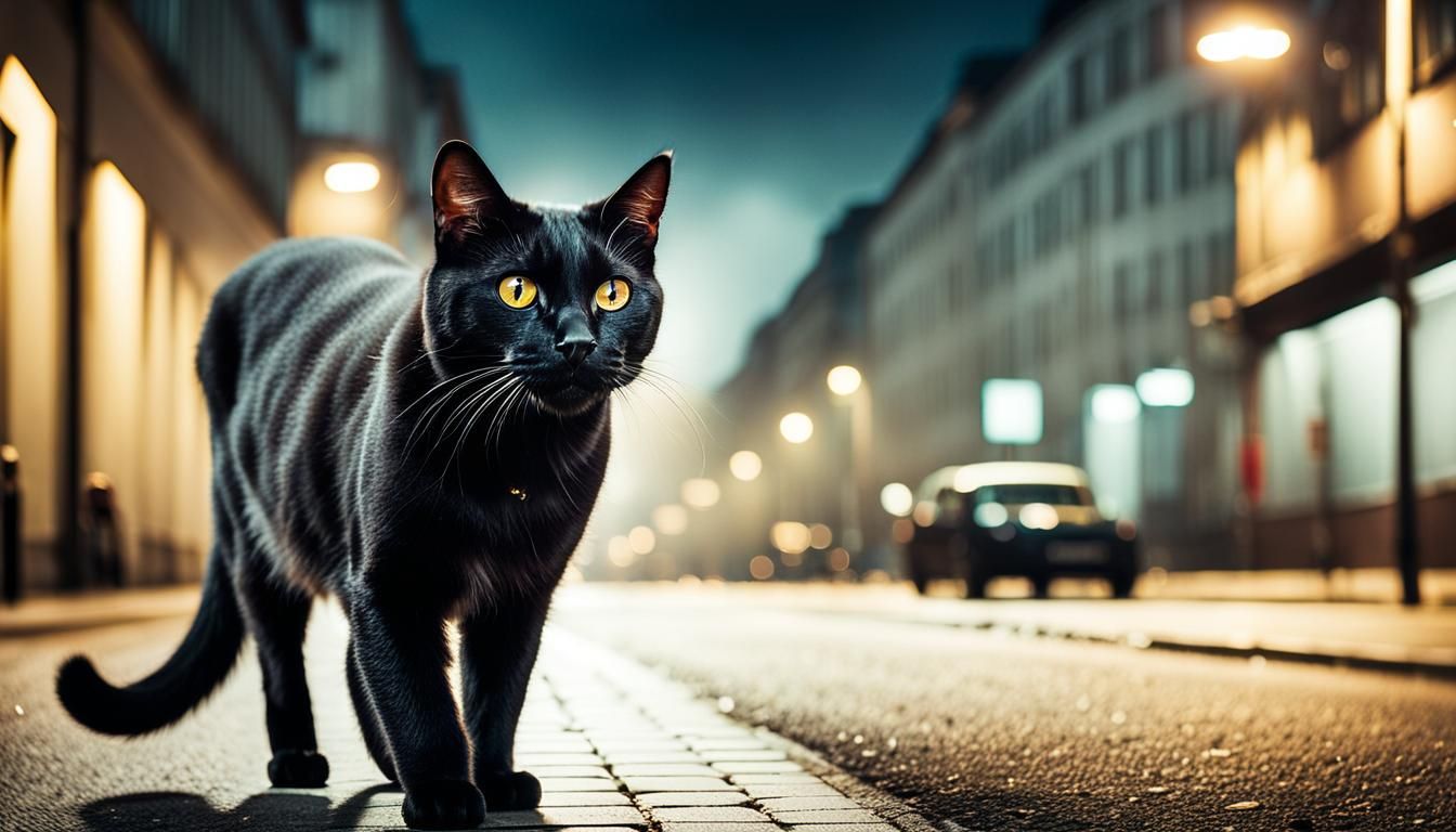 Black Cat Walking on Berlin Street at Night