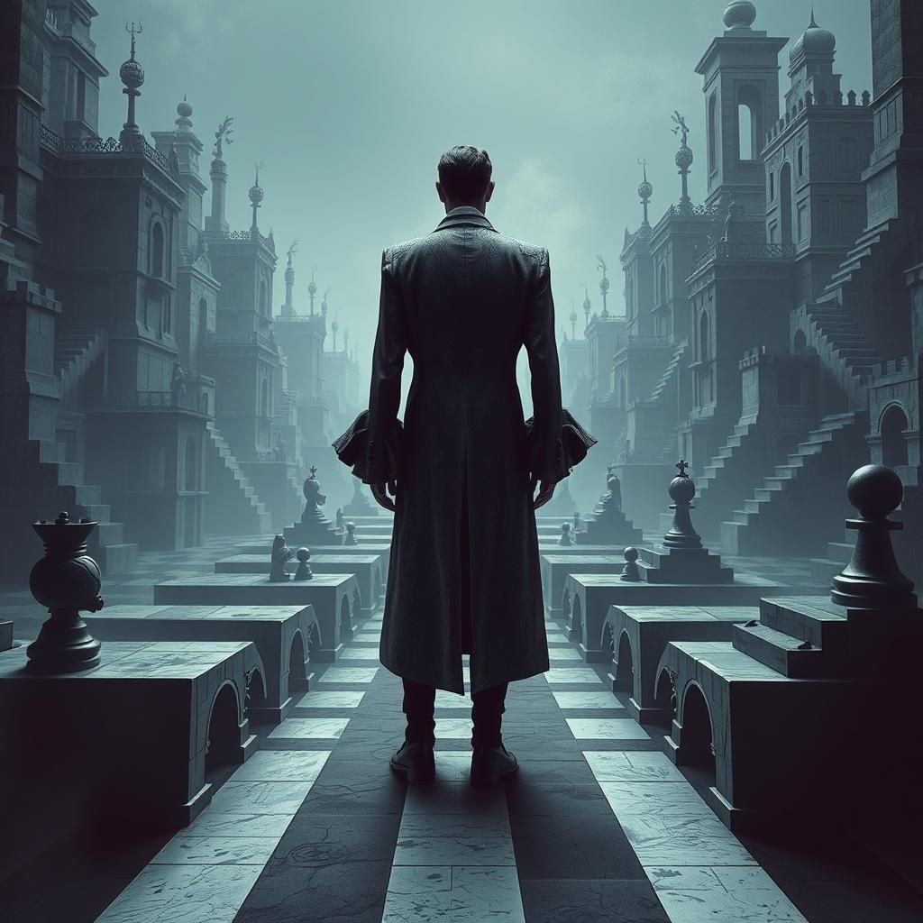 Surreal Chess Boards in Escher-Inspired Landscape