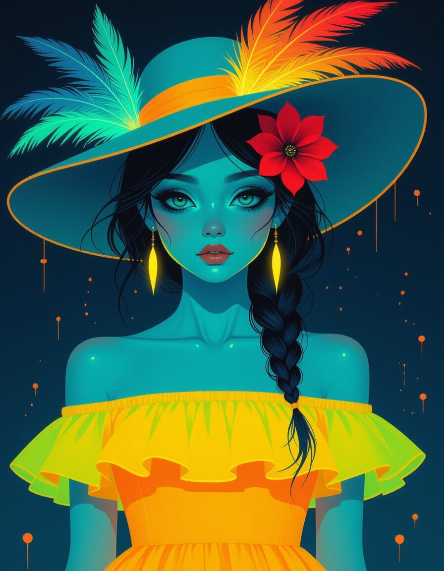 Surreal Glowing Girl in Gothic Neon Art Style