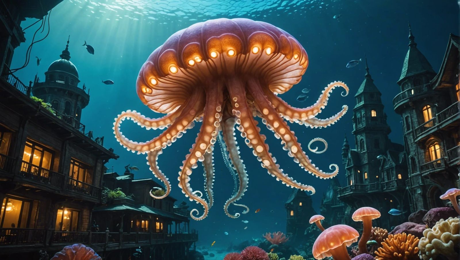 Underwater City with Bioluminescent Marine Creatures