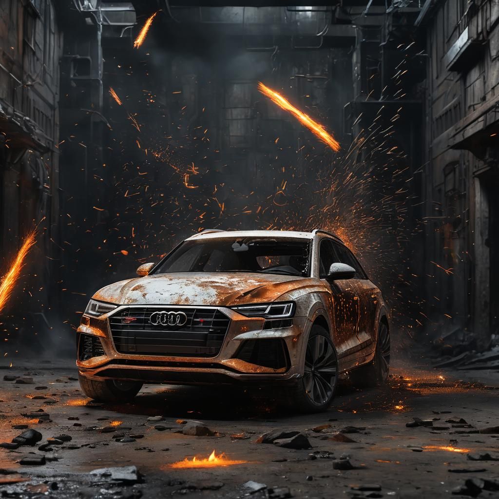 A dramatic Audi of molten metal and bright intense sparks fl...