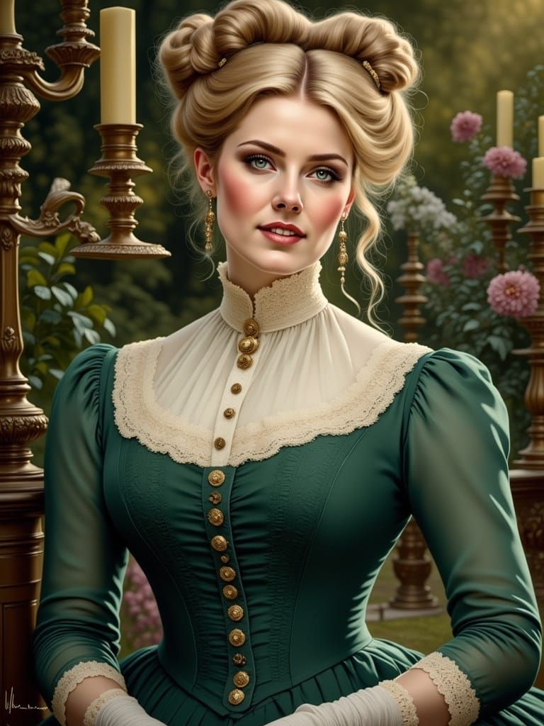 Elegant Victorian Lady in Emerald Green and Ivory