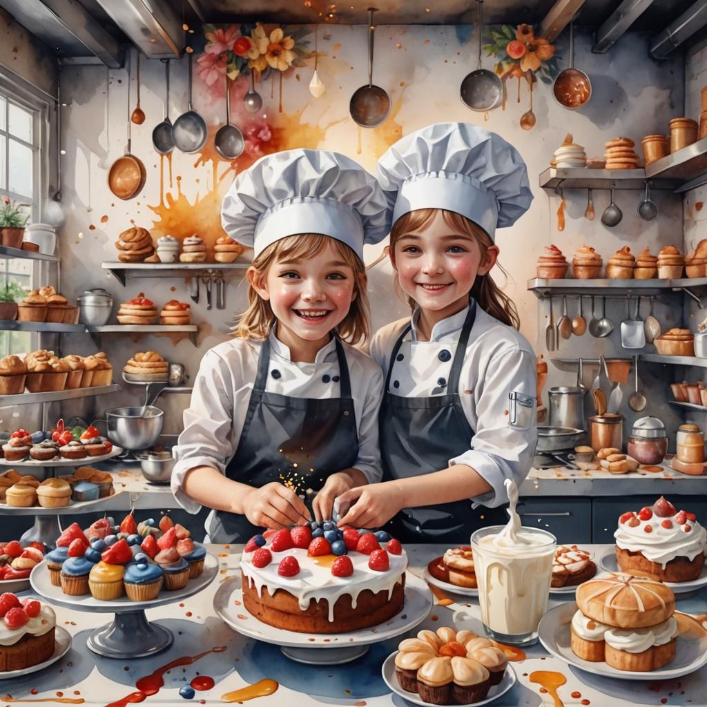 Cute Chef Children Bake Cakes: Watercolor Art