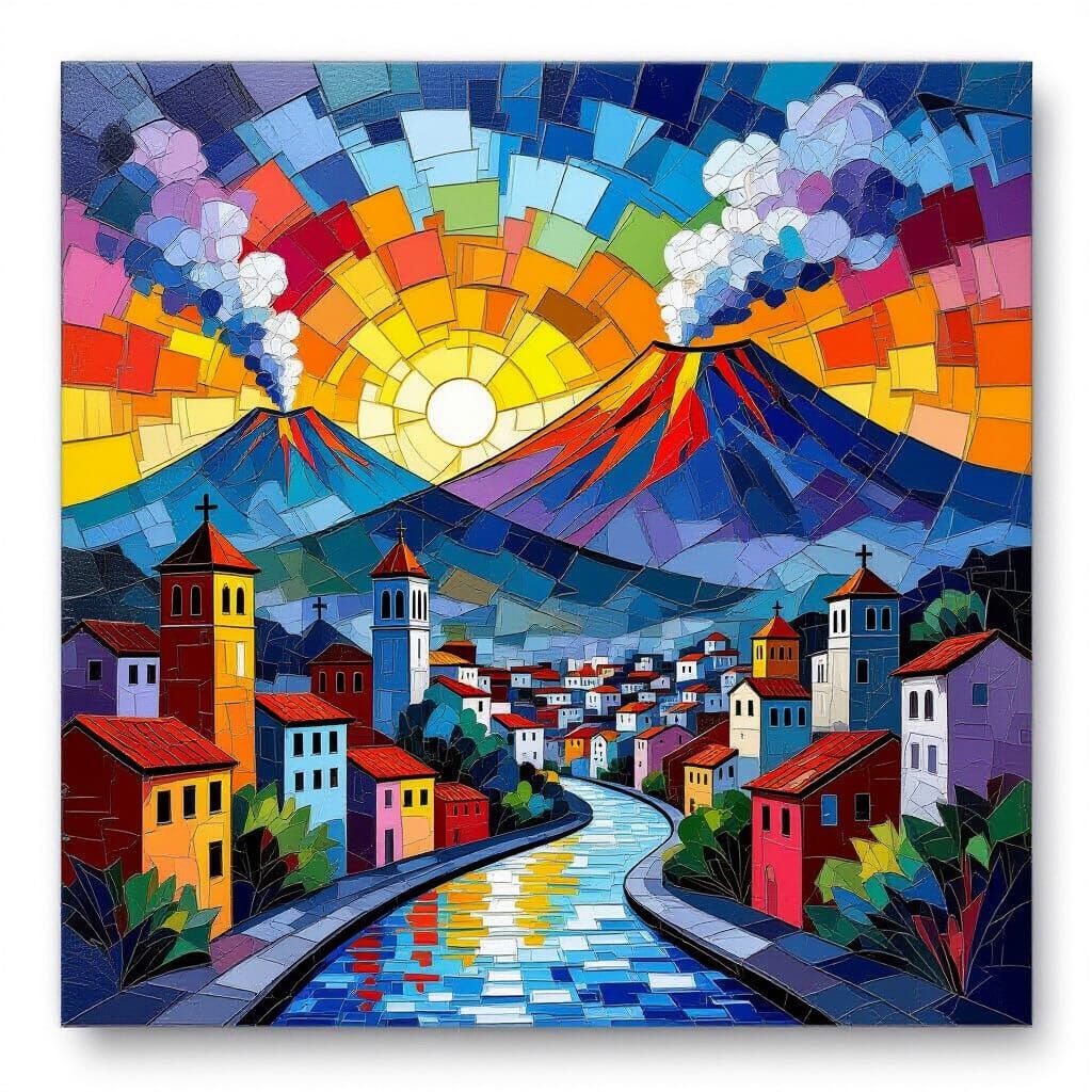 Cubist Urban Explosion Cityscape with volcanoes. mosaic sky ...