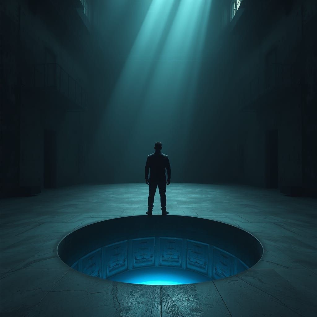 Dark, Ominous Abandoned Hallway with Faint Blue Glow