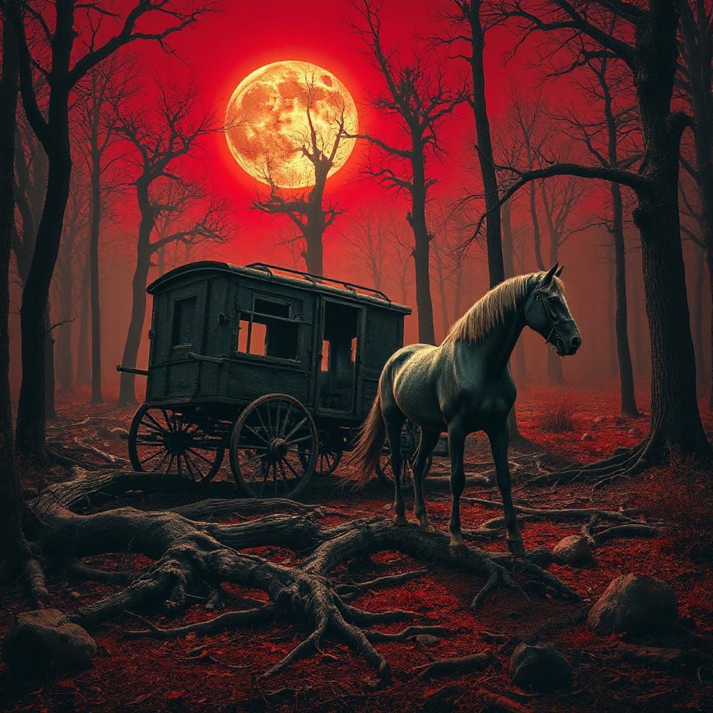 Gothic Funeral Carriage in Decaying Forest