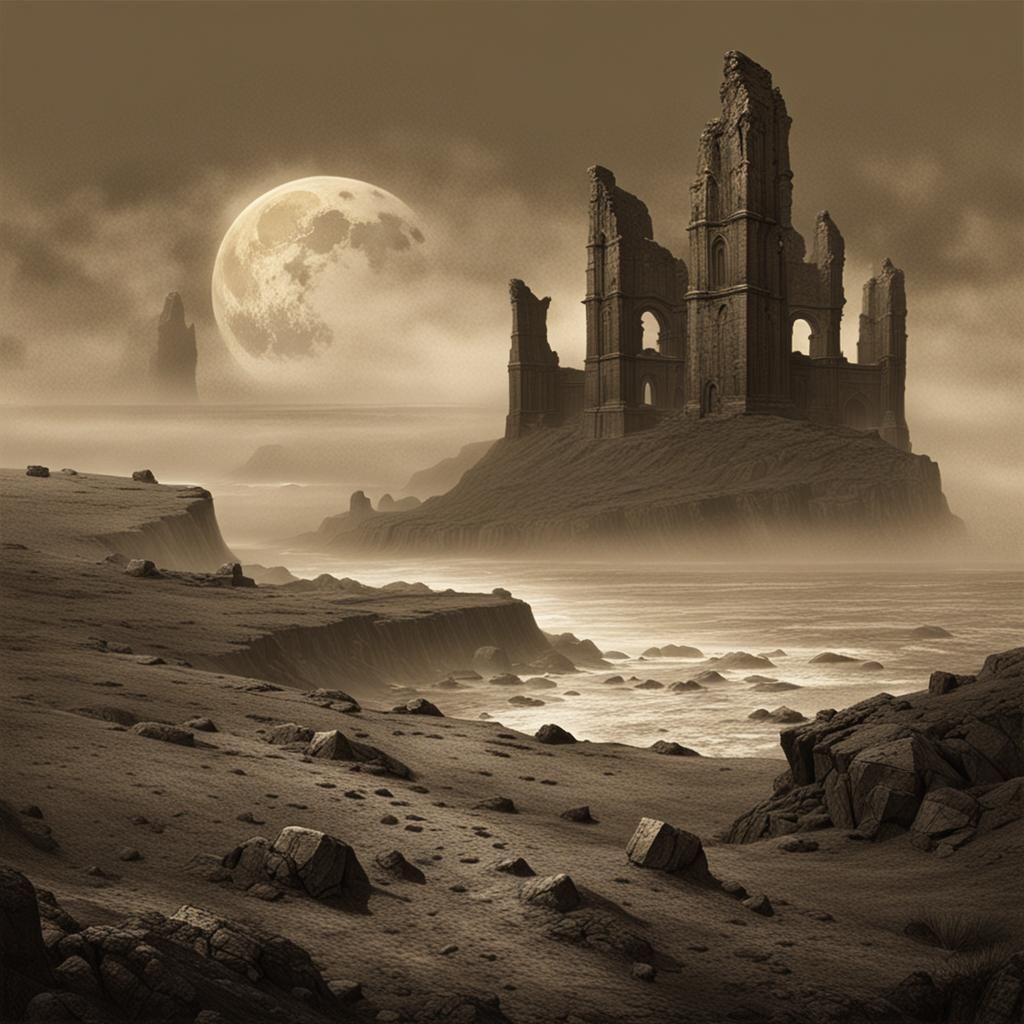 Victorian Ruins Under Baleful Moons in Sepia