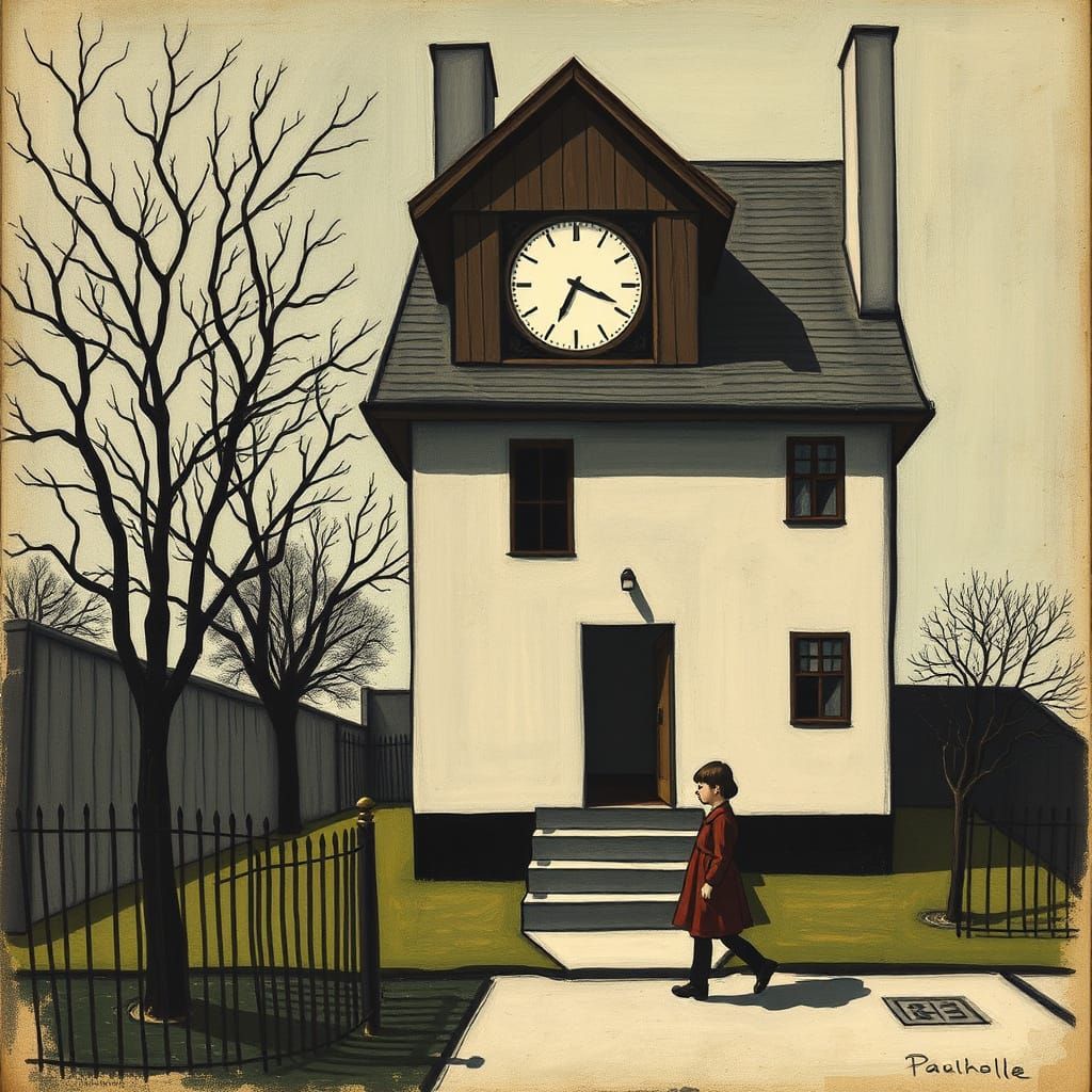 Girl Walking Towards German Expressionist House at Noon