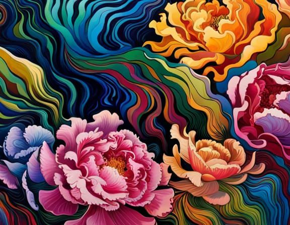 Iridescent Peonies and Flowing Leaves in Liquid Art