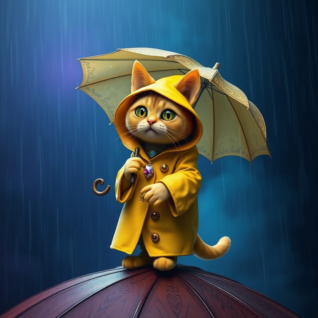 Whimsical Banana Cat Soars in Futuristic Rainy Landscape