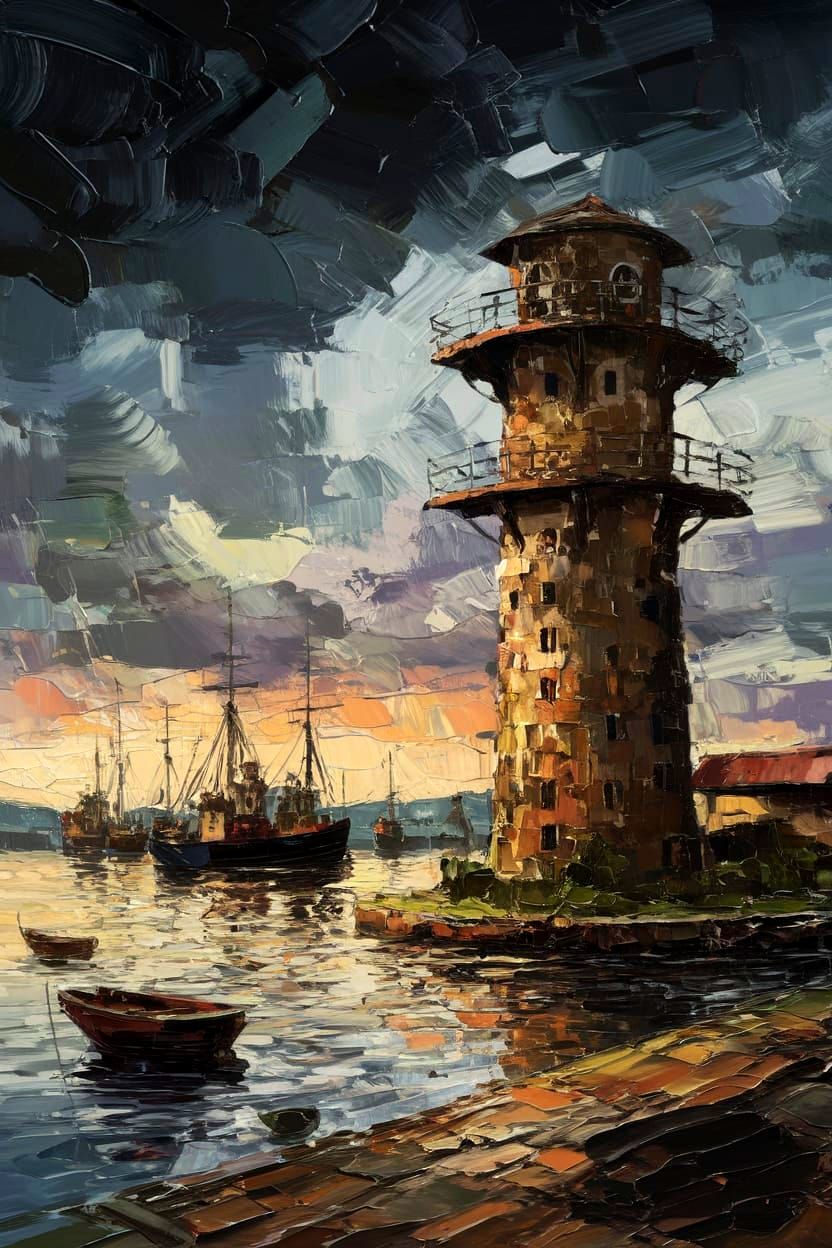 Impasto Harbour Watchtower Under Overcast Skies