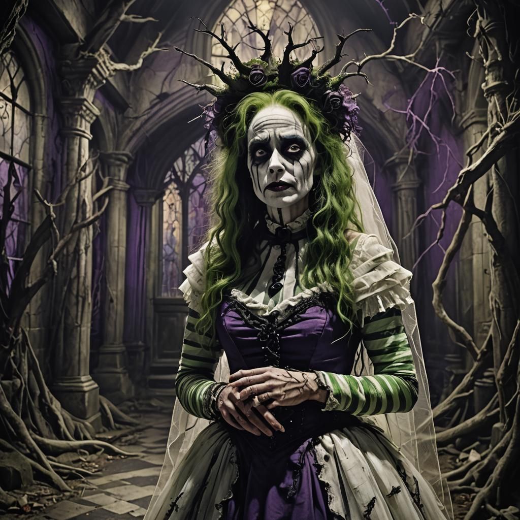 Female Beetlejuice's Gothic Chapel Wedding: Dark Fantasy Art