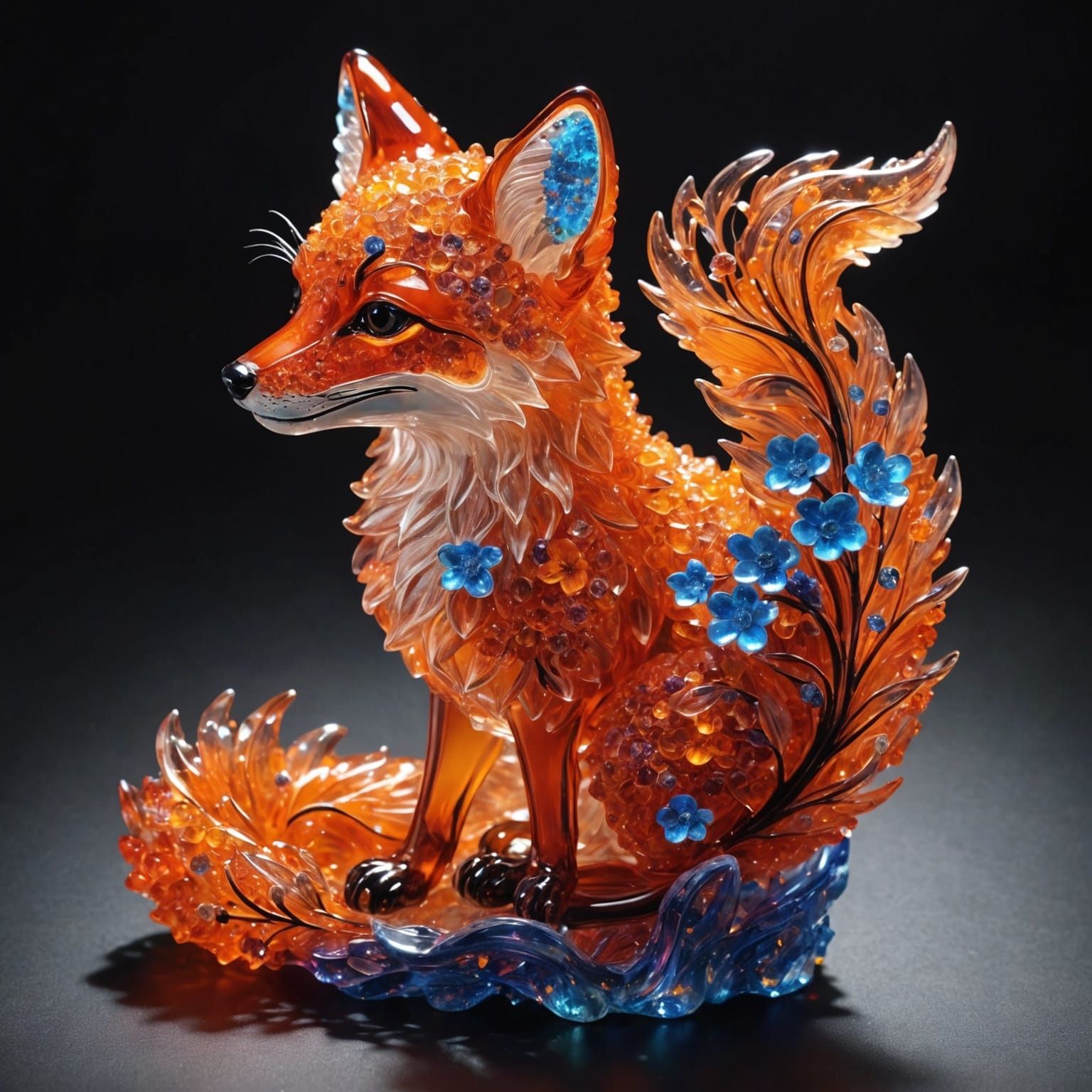 Bioluminescent Crystal Fox Sculpture in Vermilion Glass