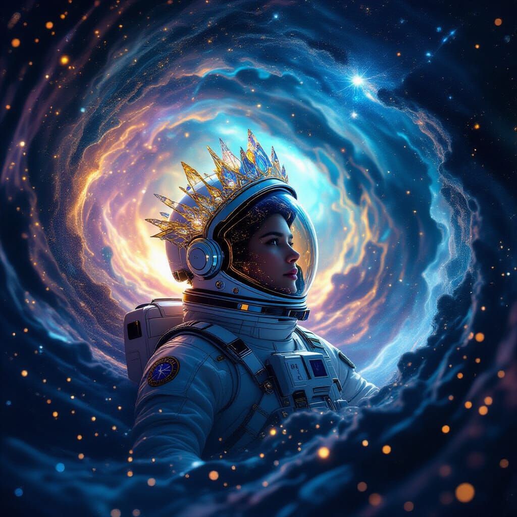 Astronaut with Crystalline Crown in Cosmic Nebula