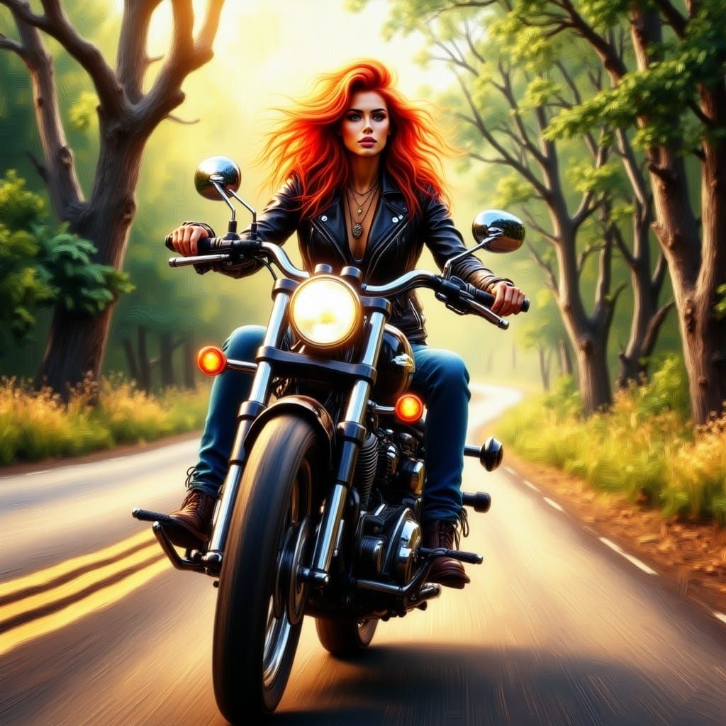 Vibrant Redhead Riding a Chrome Motorcycle Down a Winding Co...