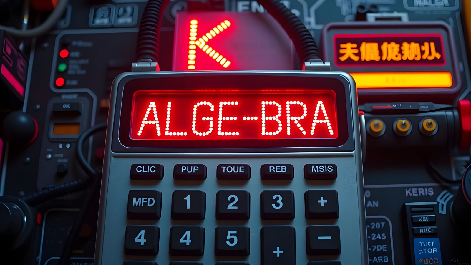 Cyberpunk Calculator Displays Illuminated Algebraic Equation